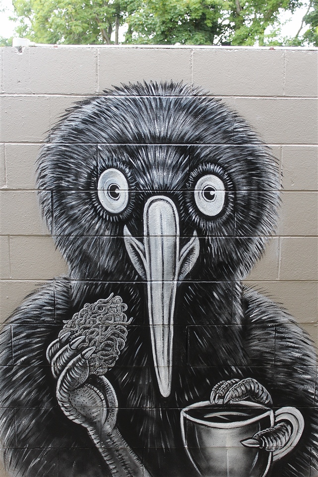 Kiwi eating a worm biscuit and drinking tea - Waitati Hall - 2020